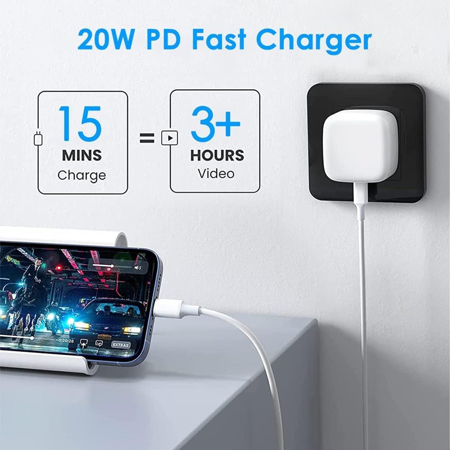 20W PD Fast Charger for iPhone 13/14 – UK Folding Plug, USB-C Cable, Quick Charging for iPhone & USB-C Devices, Compact & Portable