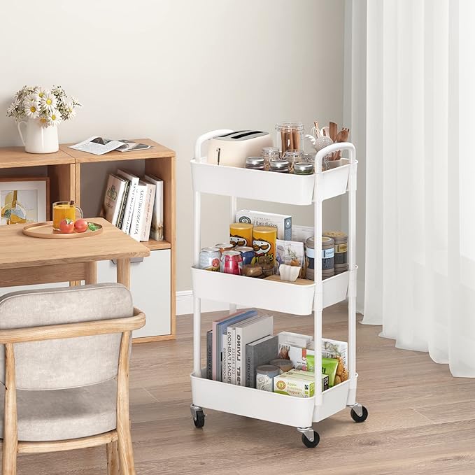 Round Tube Carbon Steel Rack with 3 Layers + Hanging Barrel, White – Durable and modern design for organized storage of clothes and accessories.