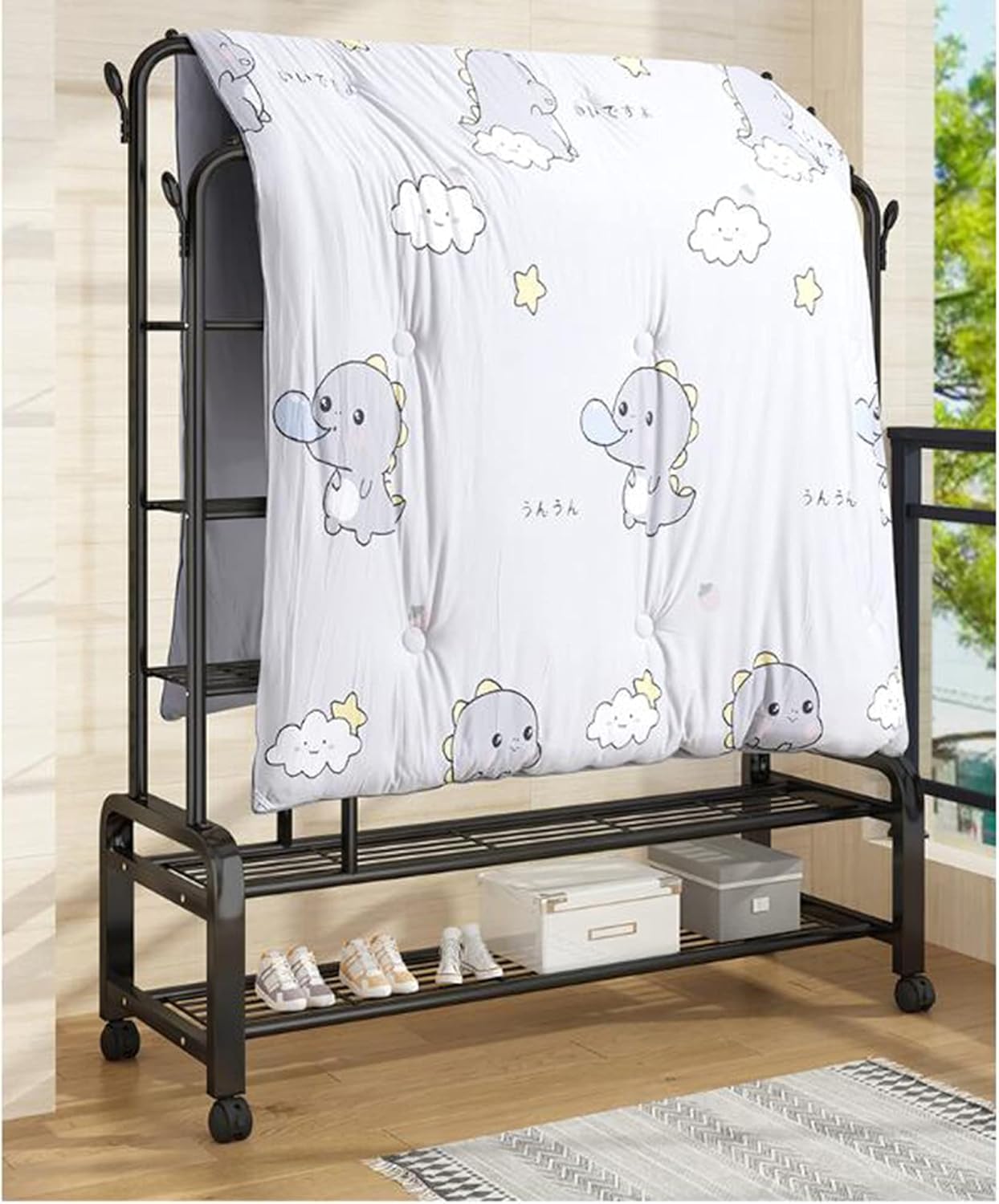 Wrought Iron Floor-Standing Clothes Rack with Wheels – Double Shelf Drying Stand for Household, Dormitory, or Bedroom