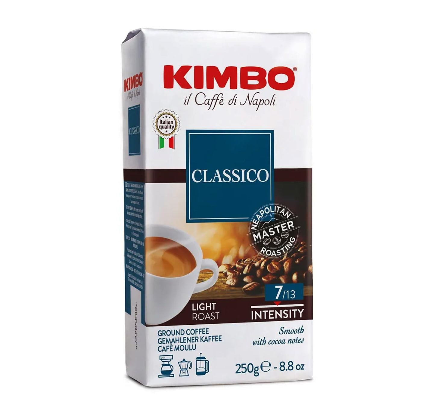 Kimbo Classico Ground Coffee - Made from Arabia and Robusta Whole Coffee Beans, Light Roasted Organic Ground Coffee, Perfect for Espresso Machines, French Press, Moka Pots, and Drip Brewers, 250g