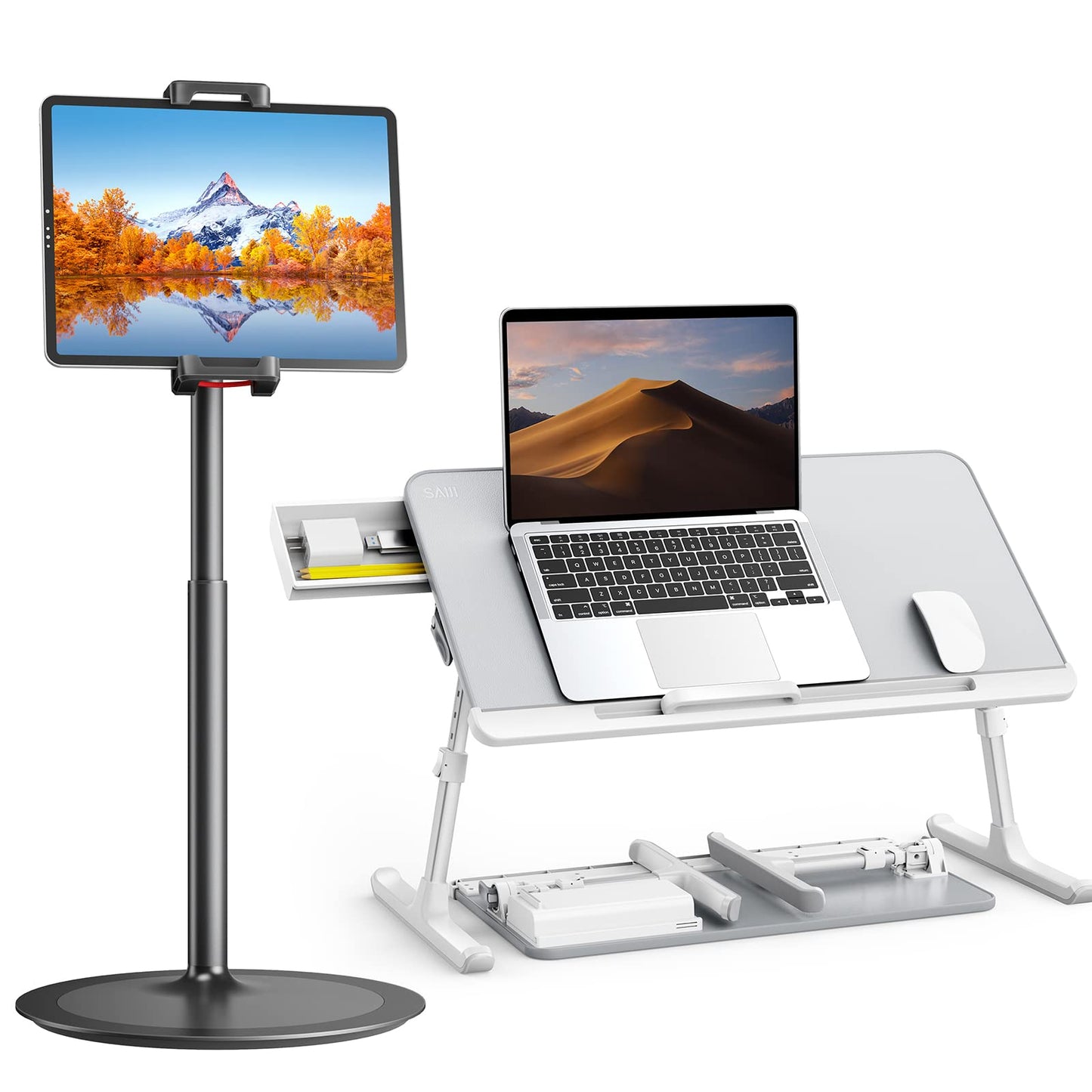 SAIJI Laptop Bed Tray Desk, Adjustable Laptop Stand for Bed,Foldable Laptop Table(Gray, Large)&Tablet Ipad Stand Holder, SAIJI Adjustable Phone Stand(Black)