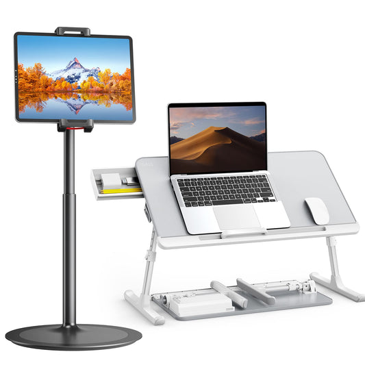 SAIJI Laptop Bed Tray Desk, Adjustable Laptop Stand for Bed,Foldable Laptop Table(Gray, Large)&Tablet Ipad Stand Holder, SAIJI Adjustable Phone Stand(Black)