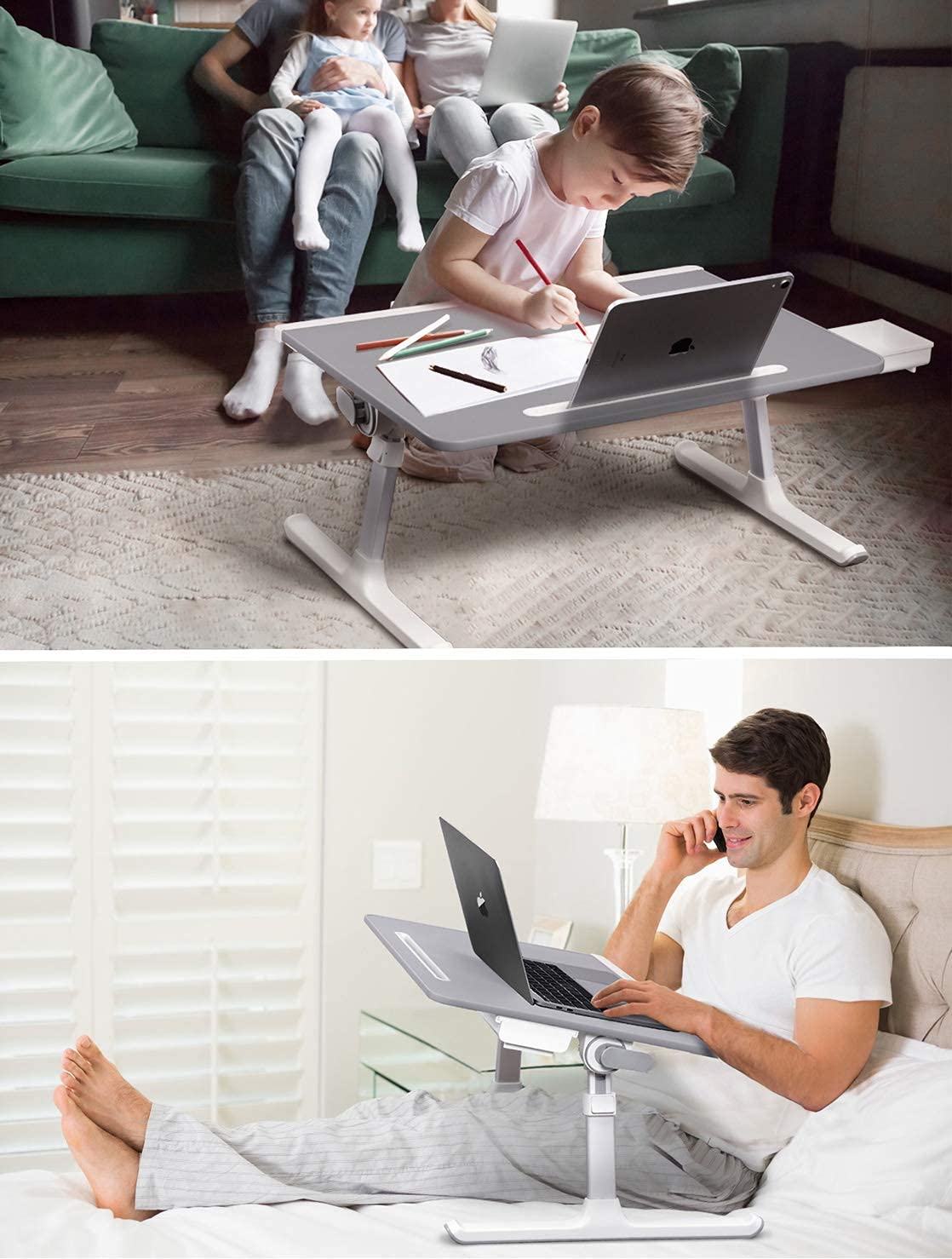 Laptop Bed Tray Desk, SAIJI Adjustable Laptop Stand for Bed,Foldable Laptop Table(Gray, X-Large)&Tablet Ipad Stand Holder, SAIJI Adjustable Phone Stand(Sliver)