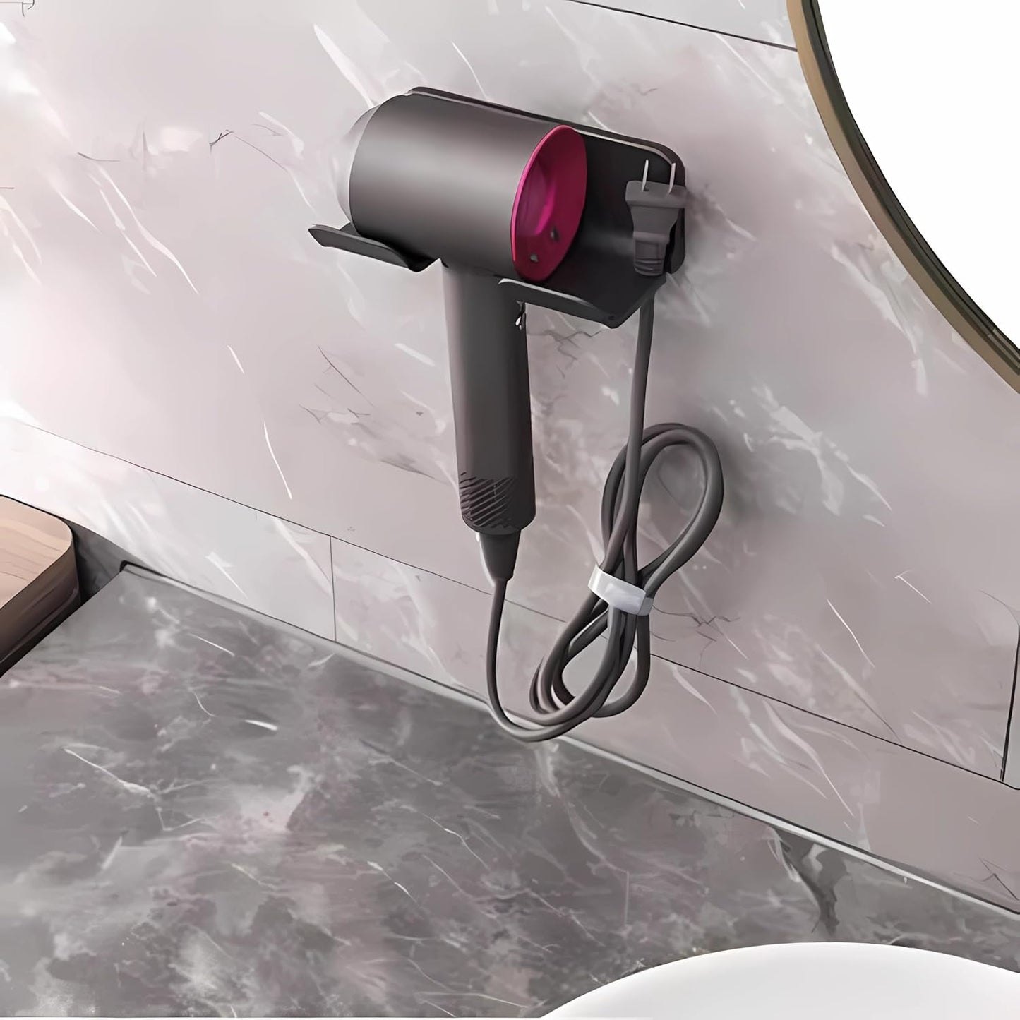 Universal Hair Dryer Holder, wall-mount with plug & cord organizer. Self-adhesive for cabinets or bathrooms (1 Pack, Black).