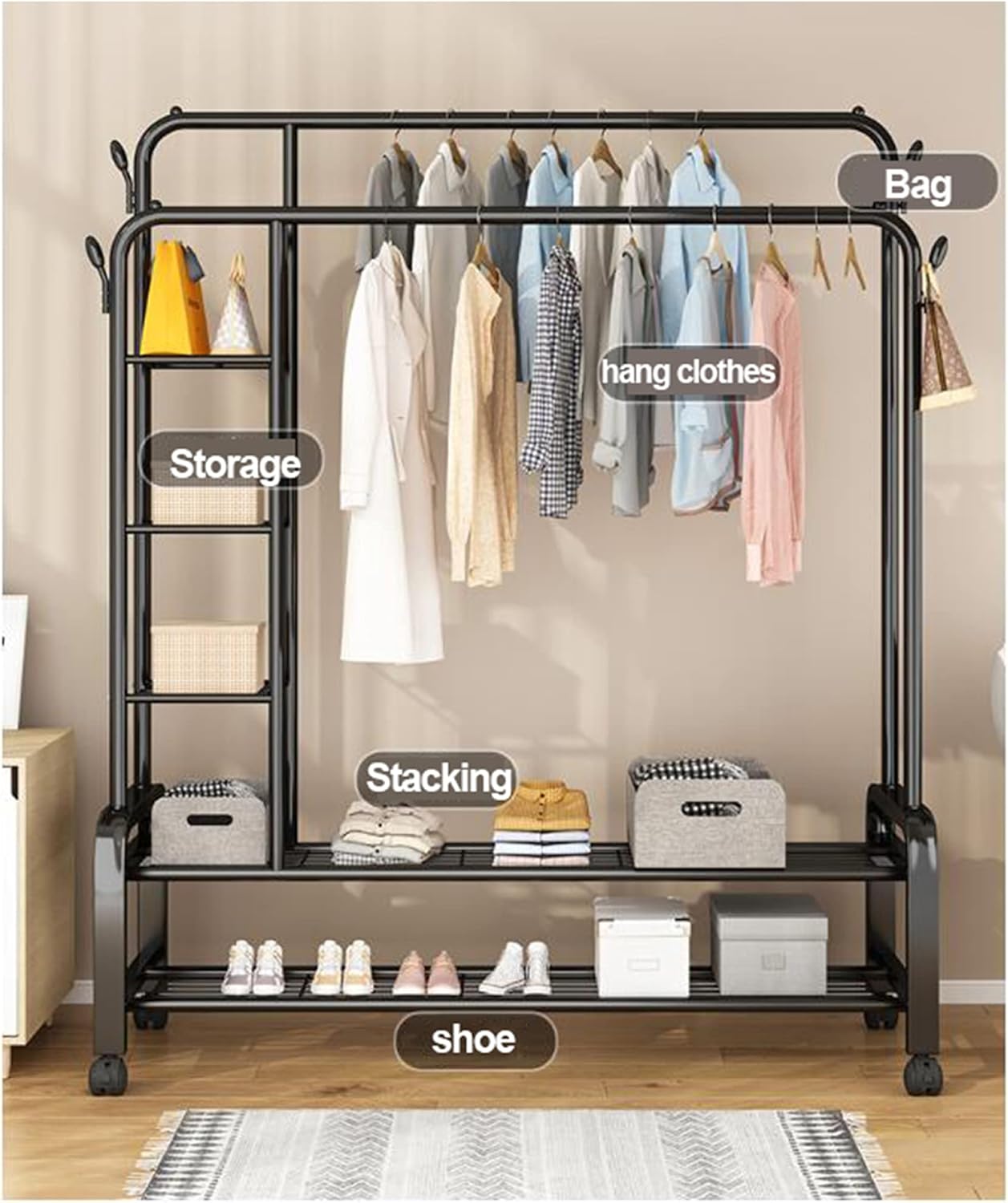 Wrought Iron Floor-Standing Clothes Rack with Wheels – Double Shelf Drying Stand for Household, Dormitory, or Bedroom