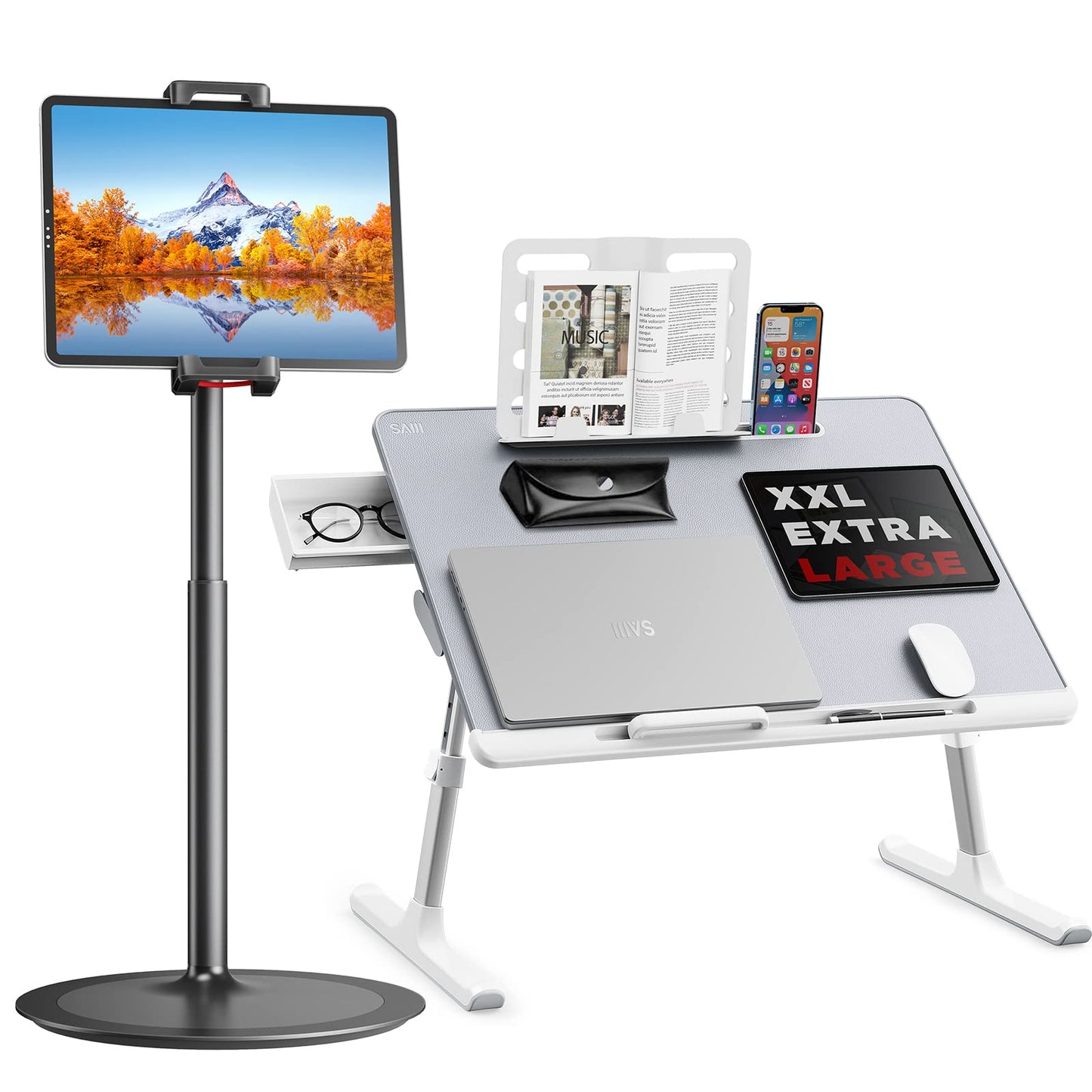 SAIJI Laptop Bed Tray Desk, Adjustable Laptop Stand for Bed,Foldable Laptop Table(Gray, X-Large)&Tablet Ipad Stand Holder, Adjustable Phone Stand(Black)