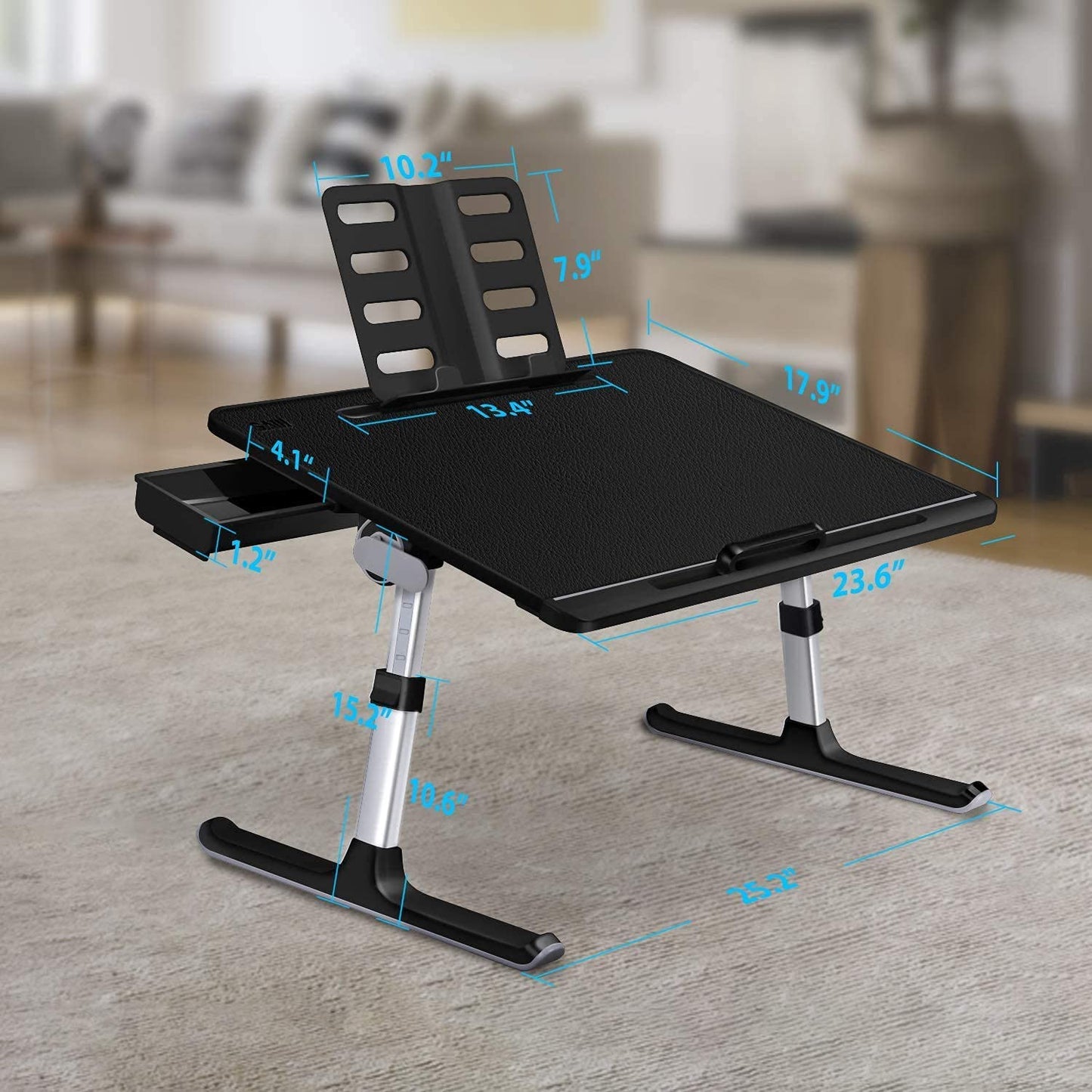 SAIJI Laptop Bed Tray Desk, Adjustable PVC Leather Desktop Lap Desk, Portable Laptop Table Stand with Storage Drawer, Foldable Laptop Tray for Sofa Couch Floor (Large, Gray&X-Large,Black)