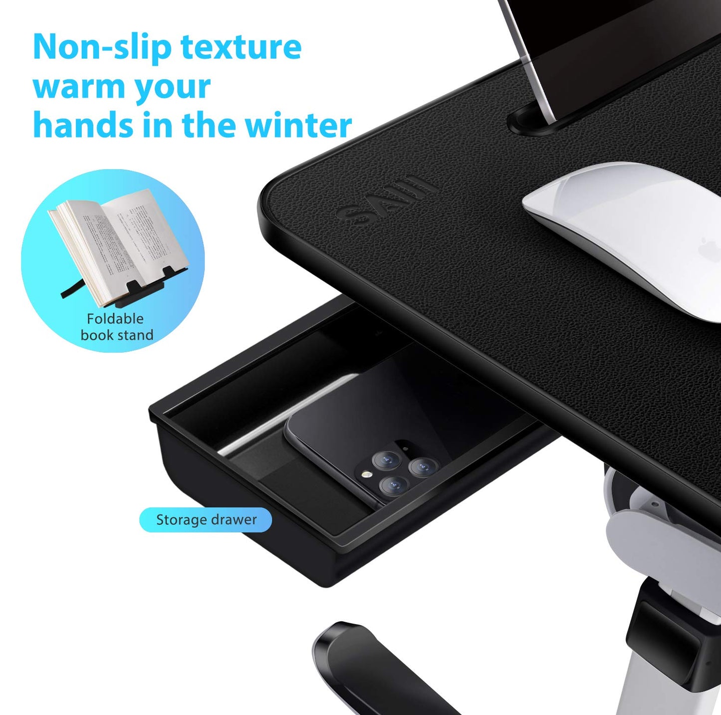 Laptop Bed Tray Desk, SAIJI X-Large Adjustable Laptop Table, Foldable Laptop Desk with Storage Drawer and Bookstand for Eating, Working, Writing, Gaming, Drawing (Black)