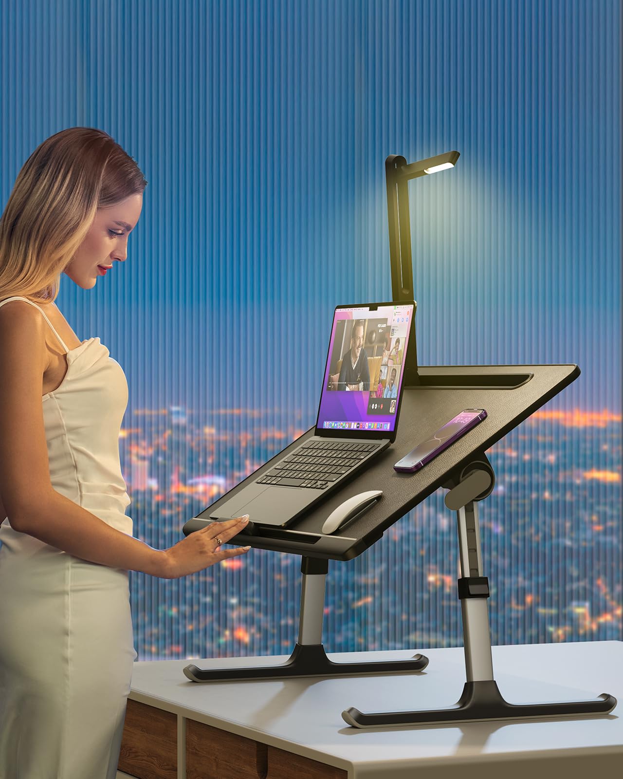Laptop Bed Tray Desk with LED Desk Light, SAIJI Adjustable Laptop Stand for Bed, XX-Large PVC Leather Foldable Laptop Table with Book Stand,Wrist Rest, Extra Leg Room(Black)