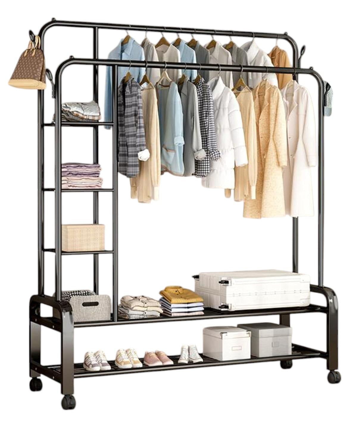 Wrought Iron Floor-Standing Clothes Rack with Wheels – Double Shelf Drying Stand for Household, Dormitory, or Bedroom