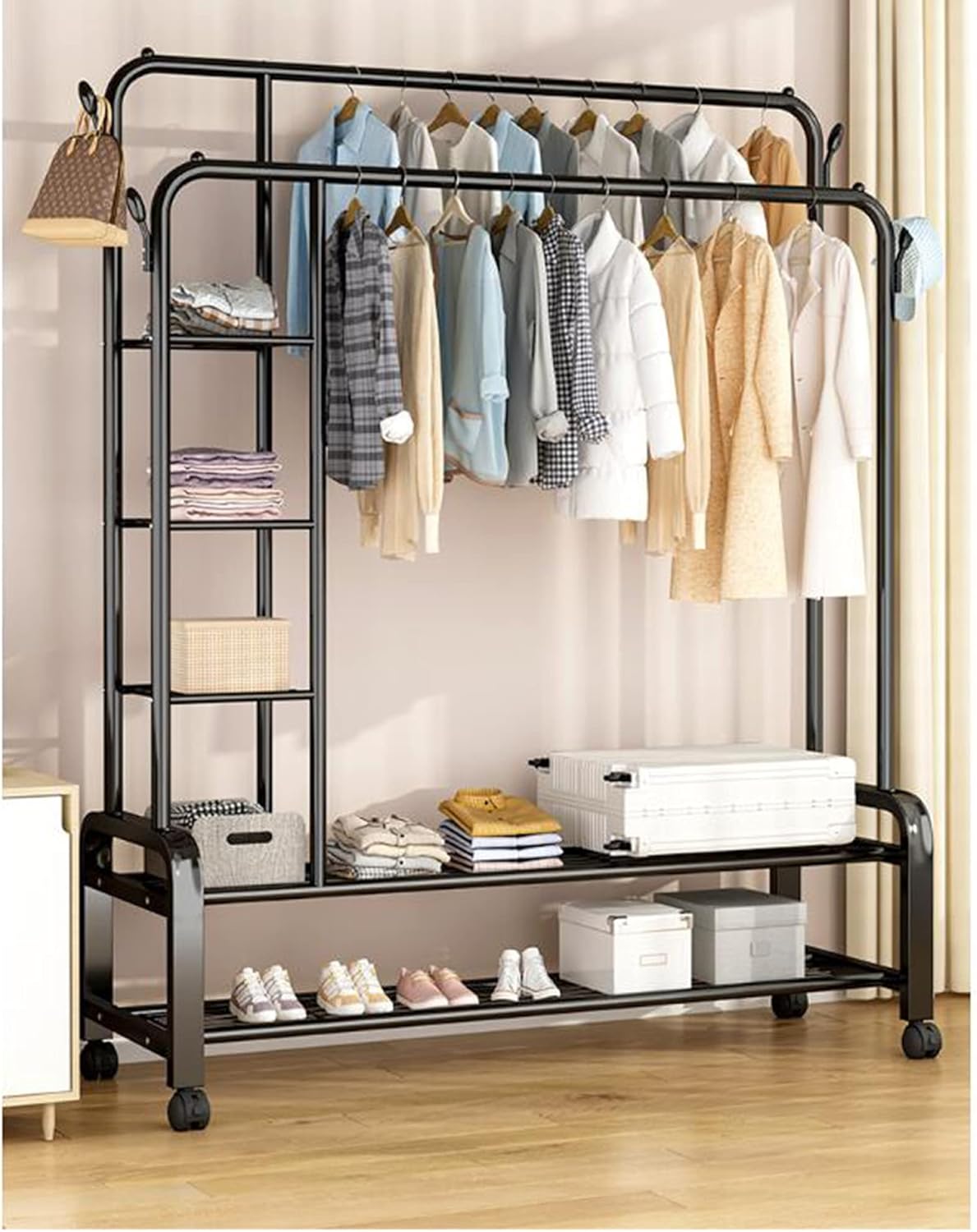 Wrought Iron Floor-Standing Clothes Rack with Wheels – Double Shelf Drying Stand for Household, Dormitory, or Bedroom
