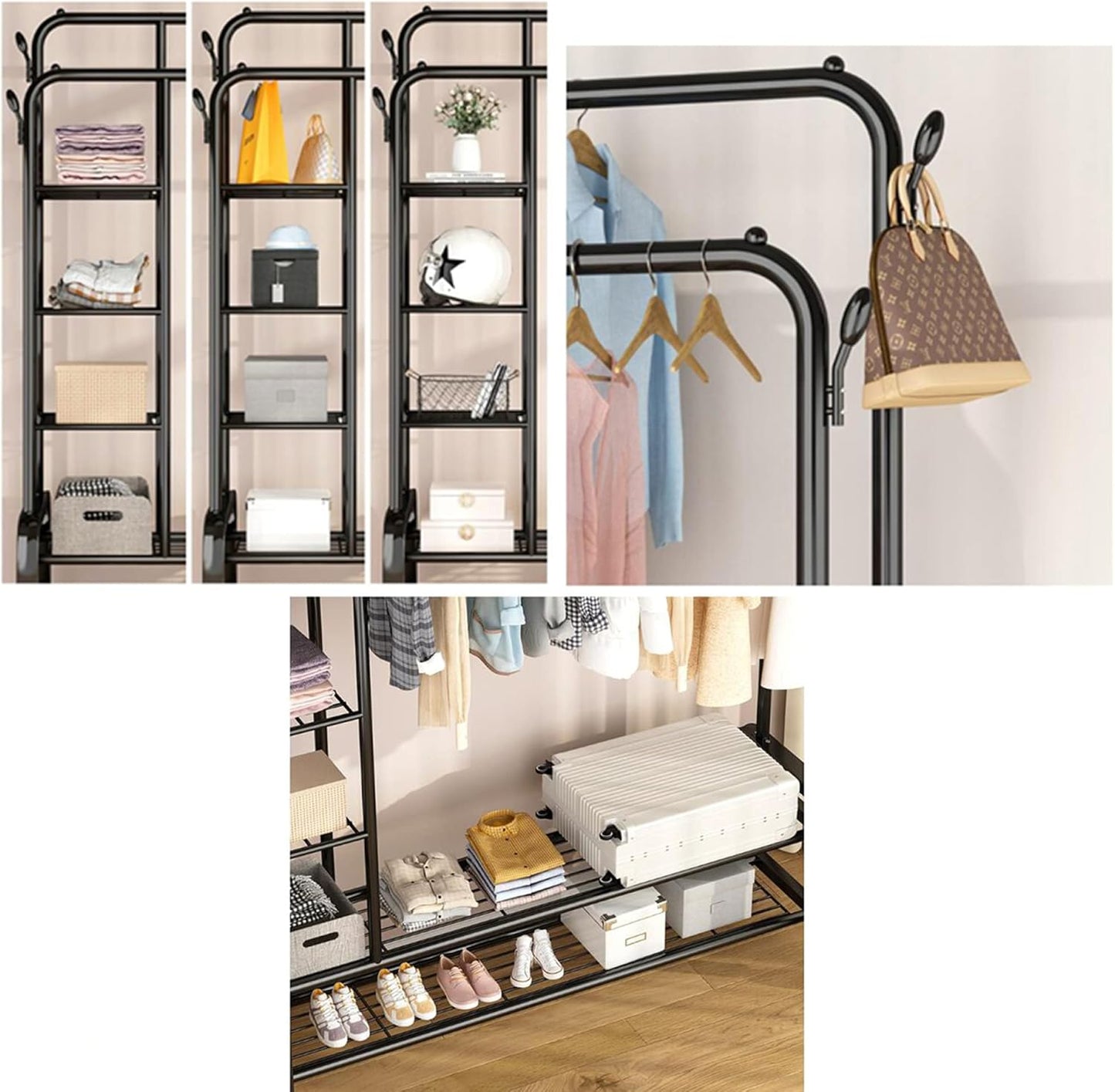 Wrought Iron Floor-Standing Clothes Rack with Wheels – Double Shelf Drying Stand for Household, Dormitory, or Bedroom