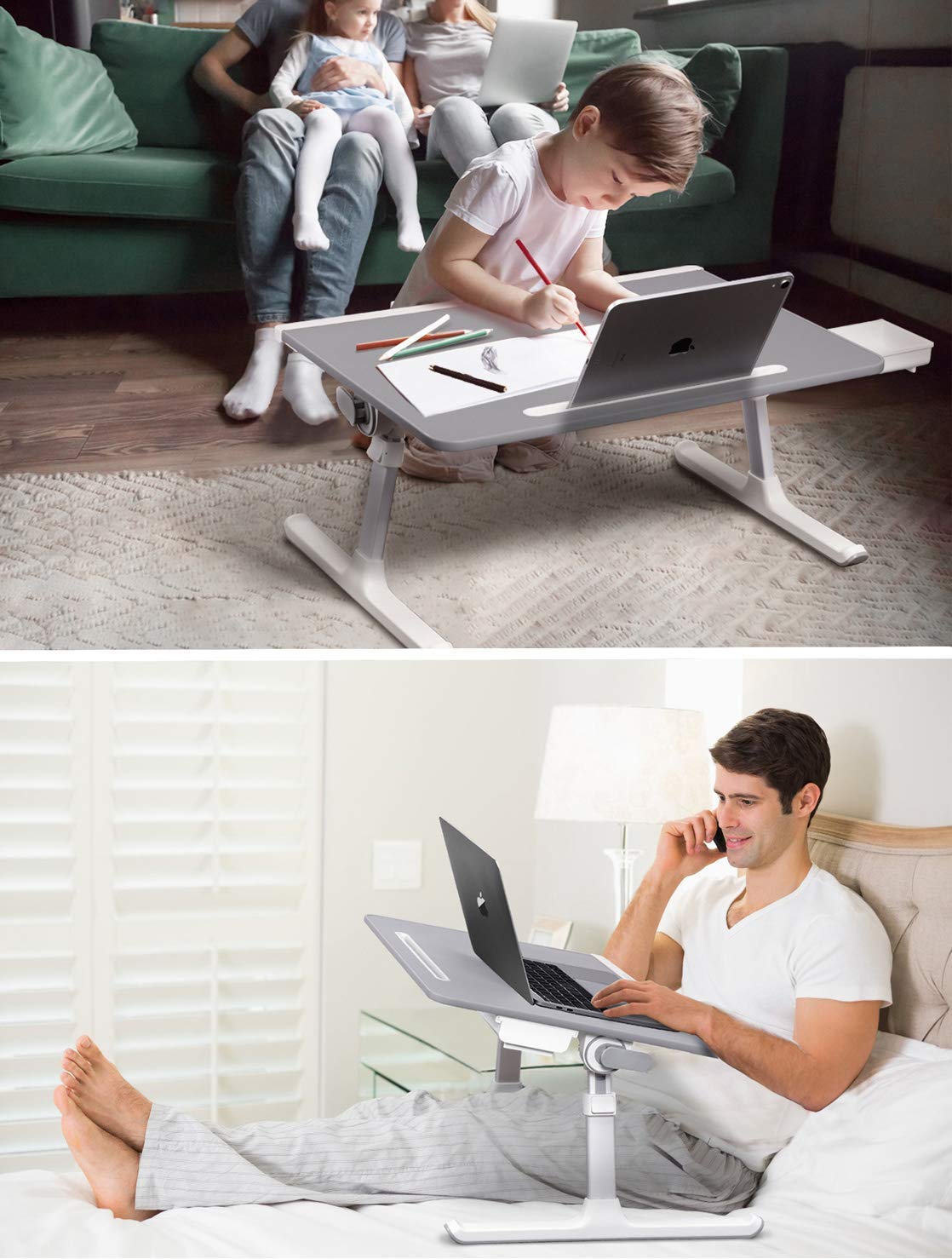 SAIJI Laptop Bed Tray Desk, Adjustable Laptop Stand for Bed,Foldable Laptop Table(Gray, X-Large)&Tablet Ipad Stand Holder, Adjustable Phone Stand(Black)