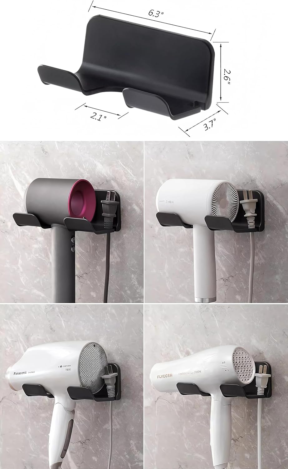 Universal Hair Dryer Holder, wall-mount with plug & cord organizer. Self-adhesive for cabinets or bathrooms (1 Pack, Black).