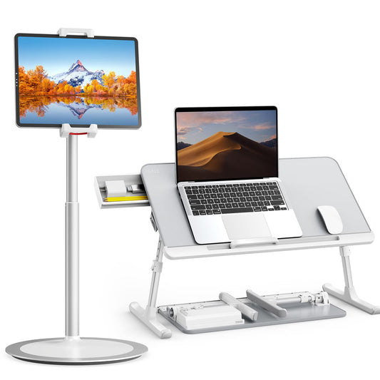 SAIJI Laptop Bed Tray Desk, Adjustable Laptop Stand for Bed,Foldable Laptop Table(Gray, Large)&Tablet Ipad Stand Holder, SAIJI Adjustable Phone Stand(Sliver)