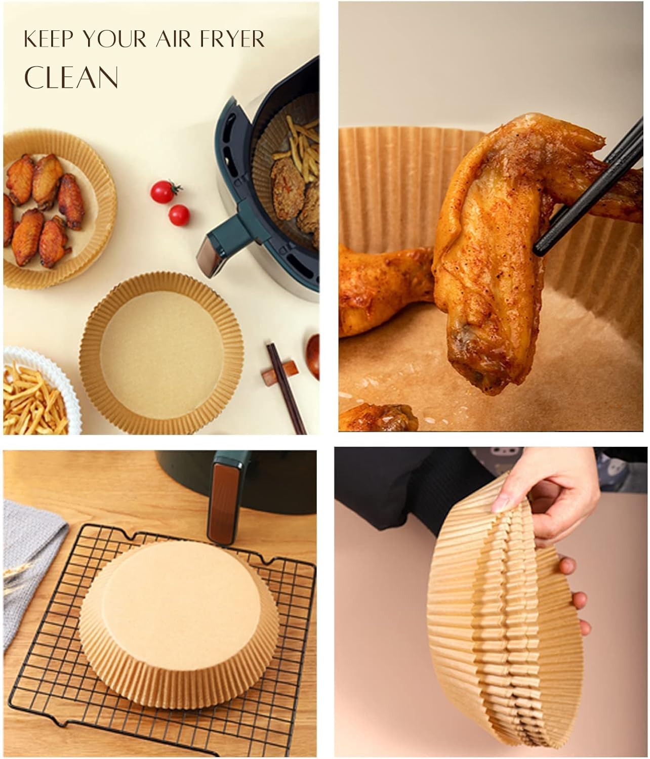 Round Air Fryer Paper, 50PCS, non-stick, food-grade, oil & water-proof, heat-resistant. Ideal for easy cleanup, preventing mess, and ensuring hassle-free cooking in your air fryer.