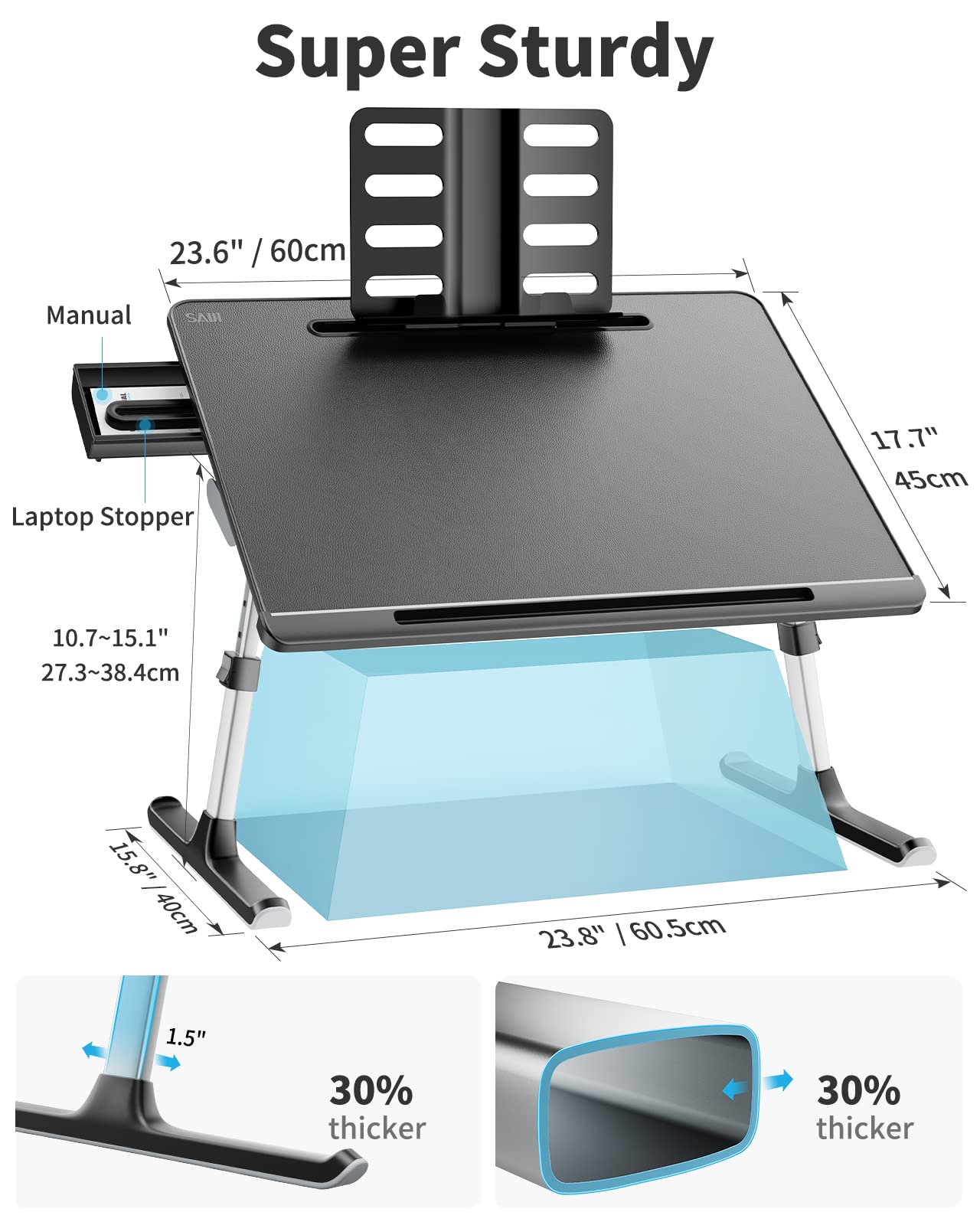 Laptop Bed Tray Desk, SAIJI X-Large Adjustable Laptop Table, Foldable Laptop Desk with Storage Drawer and Bookstand for Eating, Working, Writing, Gaming, Drawing (Black)