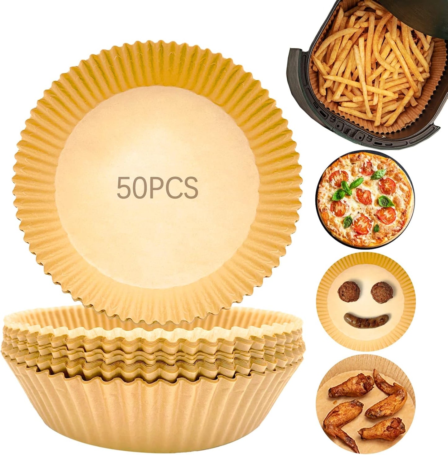 Round Air Fryer Paper, 50PCS, non-stick, food-grade, oil & water-proof, heat-resistant. Ideal for easy cleanup, preventing mess, and ensuring hassle-free cooking in your air fryer.