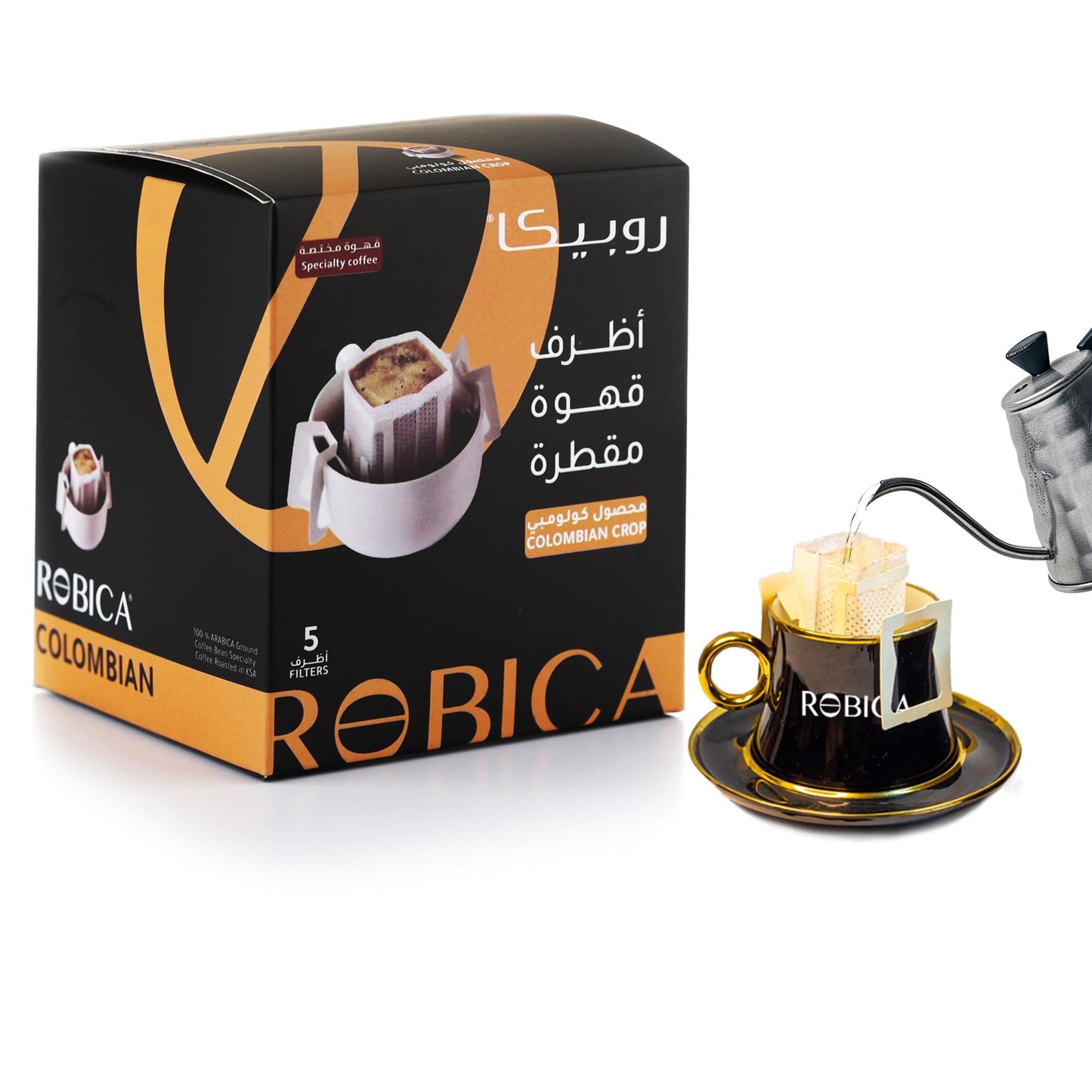 Robica Colombian Drip Coffee Pouches Made from Arabica Coffee Beans, Portable & Easy to Brew Hanging Ear Single Serve Pour Over Coffee Packets, Camping Coffee for Travel & Work, 5 Coffee Bags