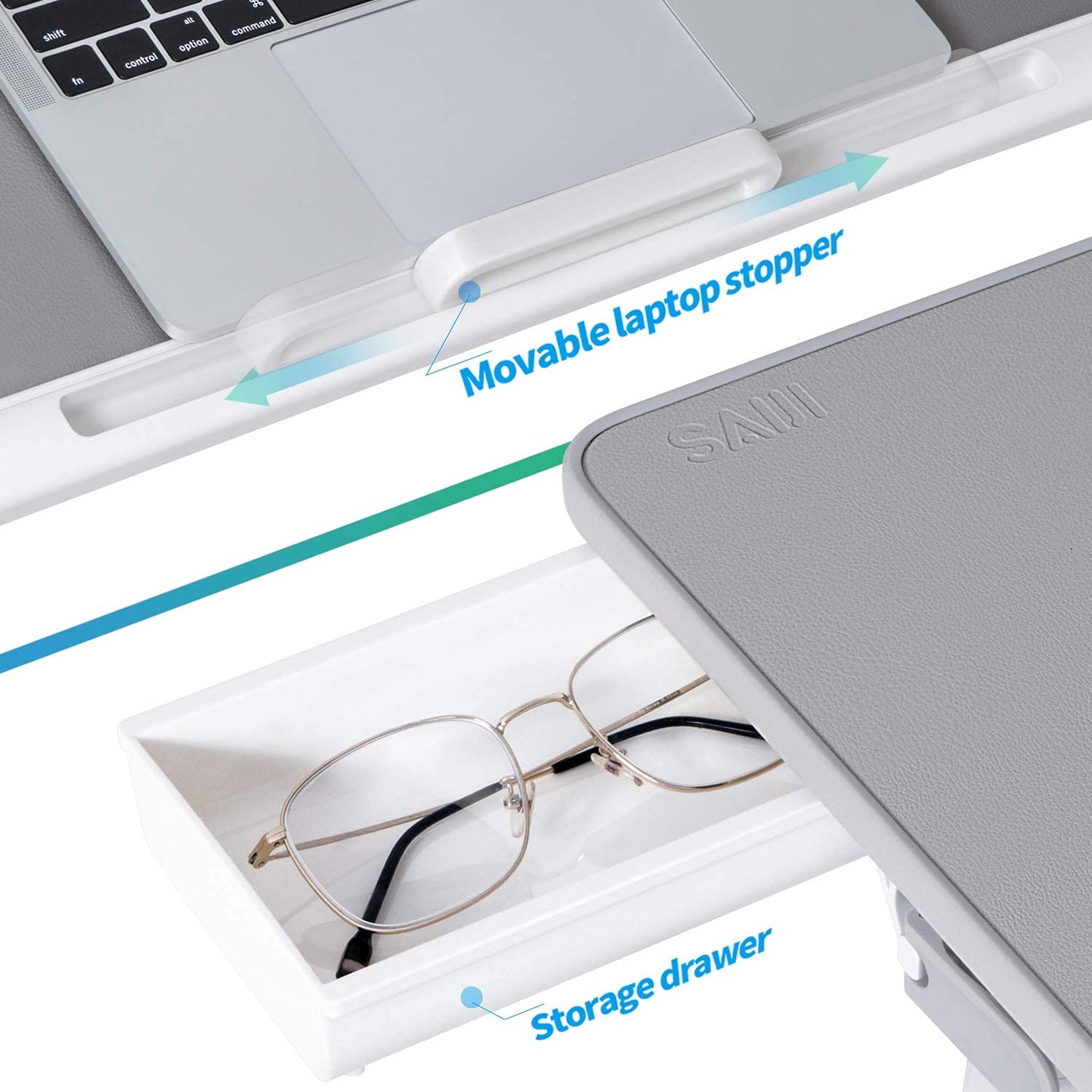 SAIJI Laptop Bed Tray Desk, Adjustable Laptop Stand for Bed, Foldable Laptop Table with Storage Drawer for Eating, Working, Writing, Gaming, Drawing (Gray, X-Large&Large)