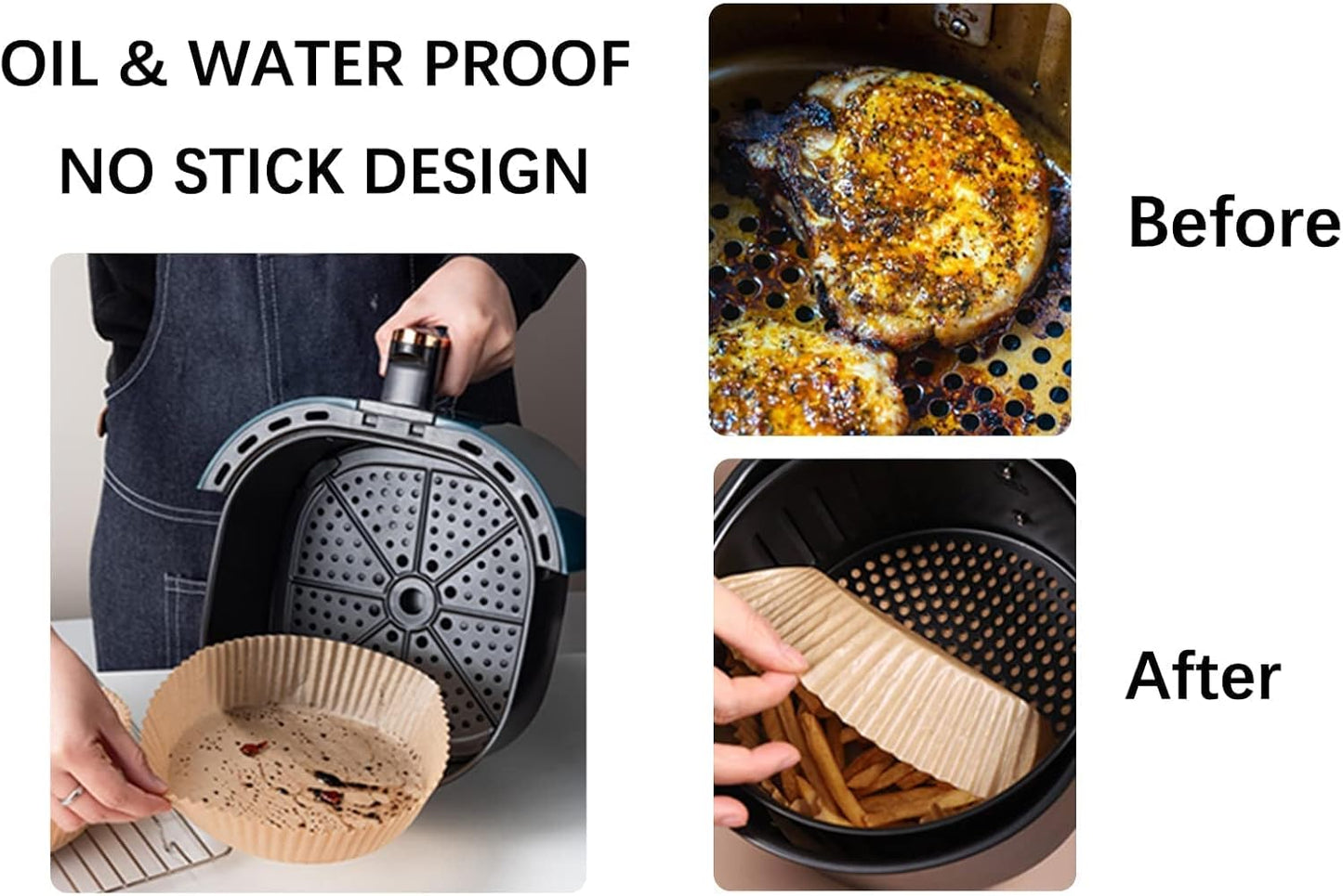 Round Air Fryer Paper, 50PCS, non-stick, food-grade, oil & water-proof, heat-resistant. Ideal for easy cleanup, preventing mess, and ensuring hassle-free cooking in your air fryer.