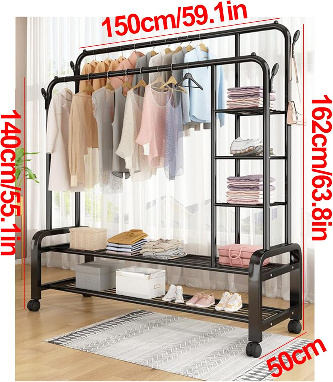 Wrought Iron Floor-Standing Clothes Rack with Wheels – Double Shelf Drying Stand for Household, Dormitory, or Bedroom