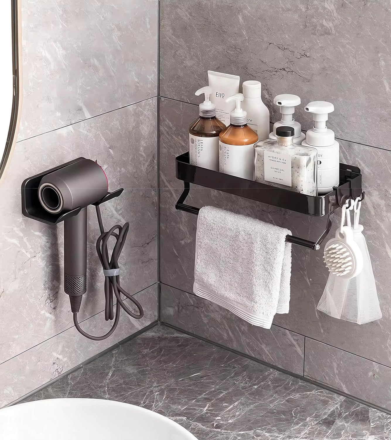 Universal Hair Dryer Holder, wall-mount with plug & cord organizer. Self-adhesive for cabinets or bathrooms (1 Pack, Black).