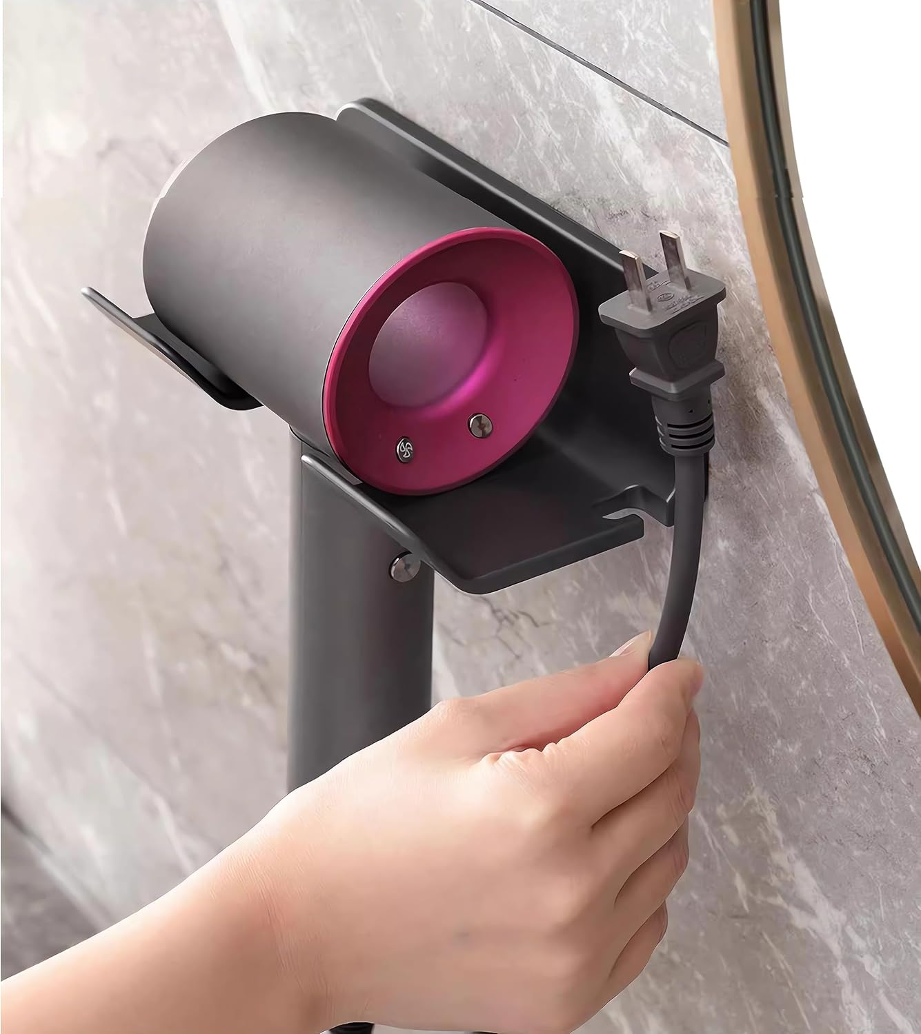 Universal Hair Dryer Holder, wall-mount with plug & cord organizer. Self-adhesive for cabinets or bathrooms (1 Pack, Black).
