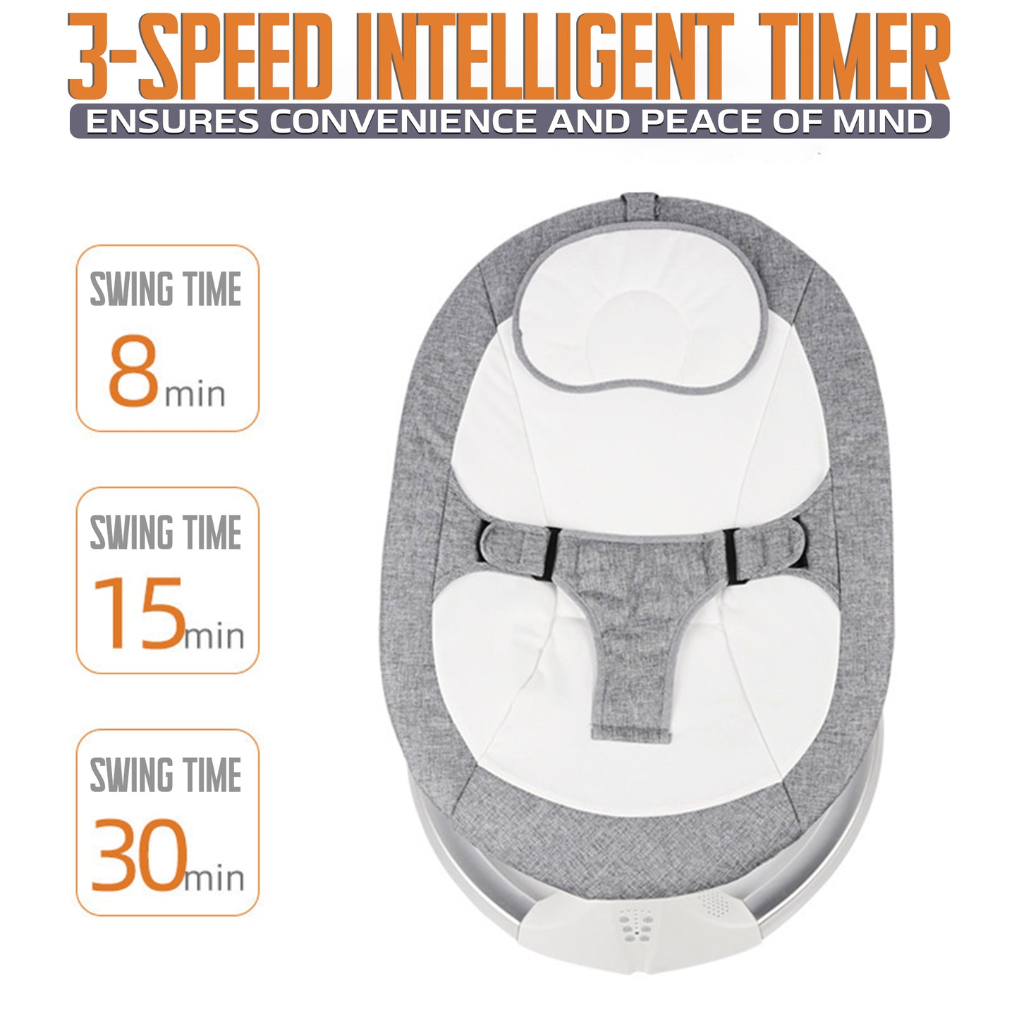 Baby Cradle with 5-speed swing, Bluetooth music, remote control, mosquito net, and plush pendant. Linen grey base, ABS, steel bracket.
