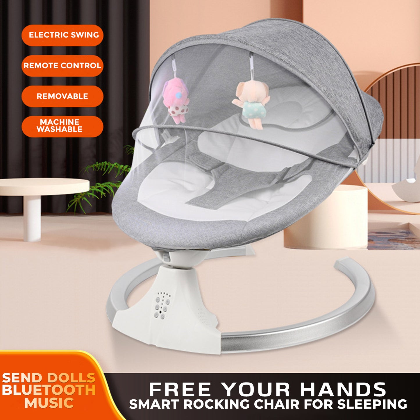 Baby Cradle with 5-speed swing, Bluetooth music, remote control, mosquito net, and plush pendant. Linen grey base, ABS, steel bracket.