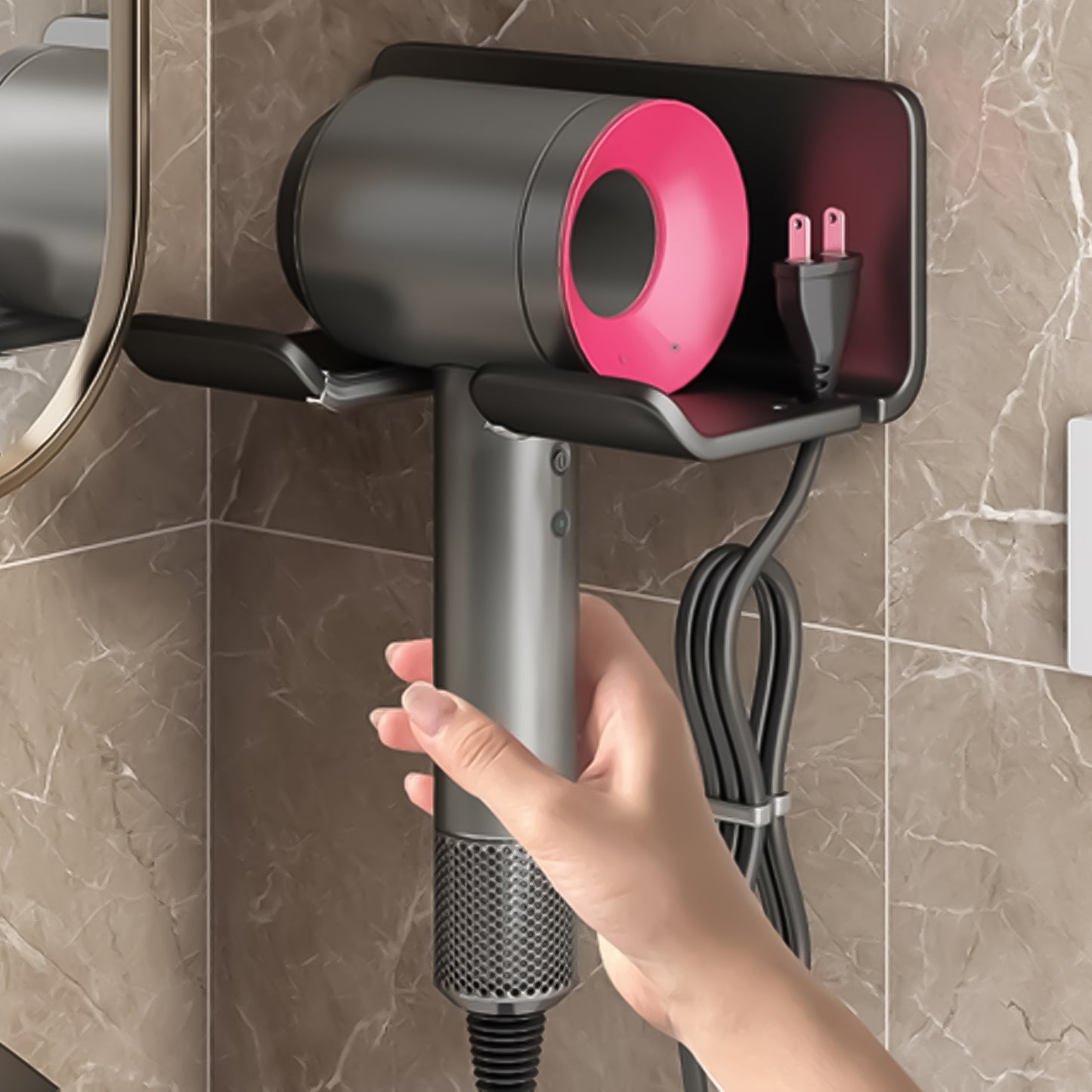 Universal Hair Dryer Holder, wall-mount with plug & cord organizer. Self-adhesive for cabinets or bathrooms (1 Pack, Black).