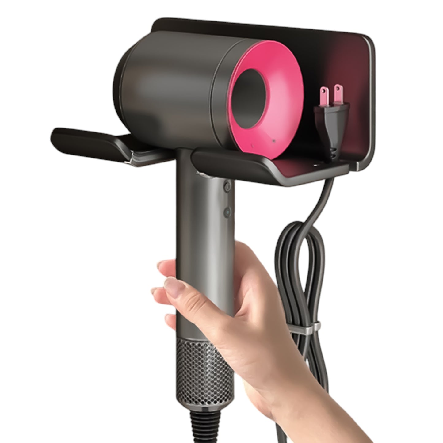 Universal Hair Dryer Holder, wall-mount with plug & cord organizer. Self-adhesive for cabinets or bathrooms (1 Pack, Black).