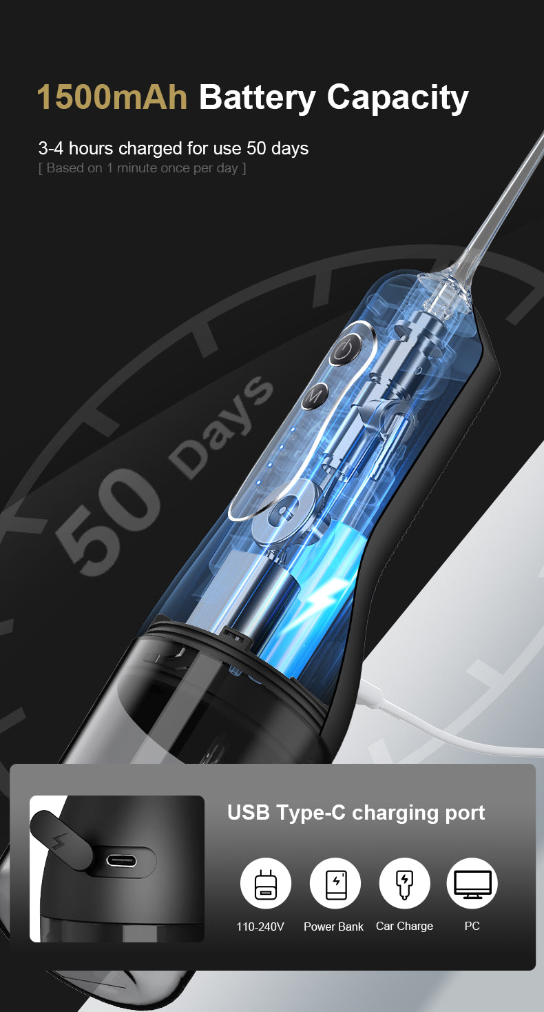 Portable Cordless Water Flosser – 240ml capacity, rechargeable with 4 modes and 4 jet tips. IPX7 waterproof for effective, convenient, and portable oral care at home or while traveling.