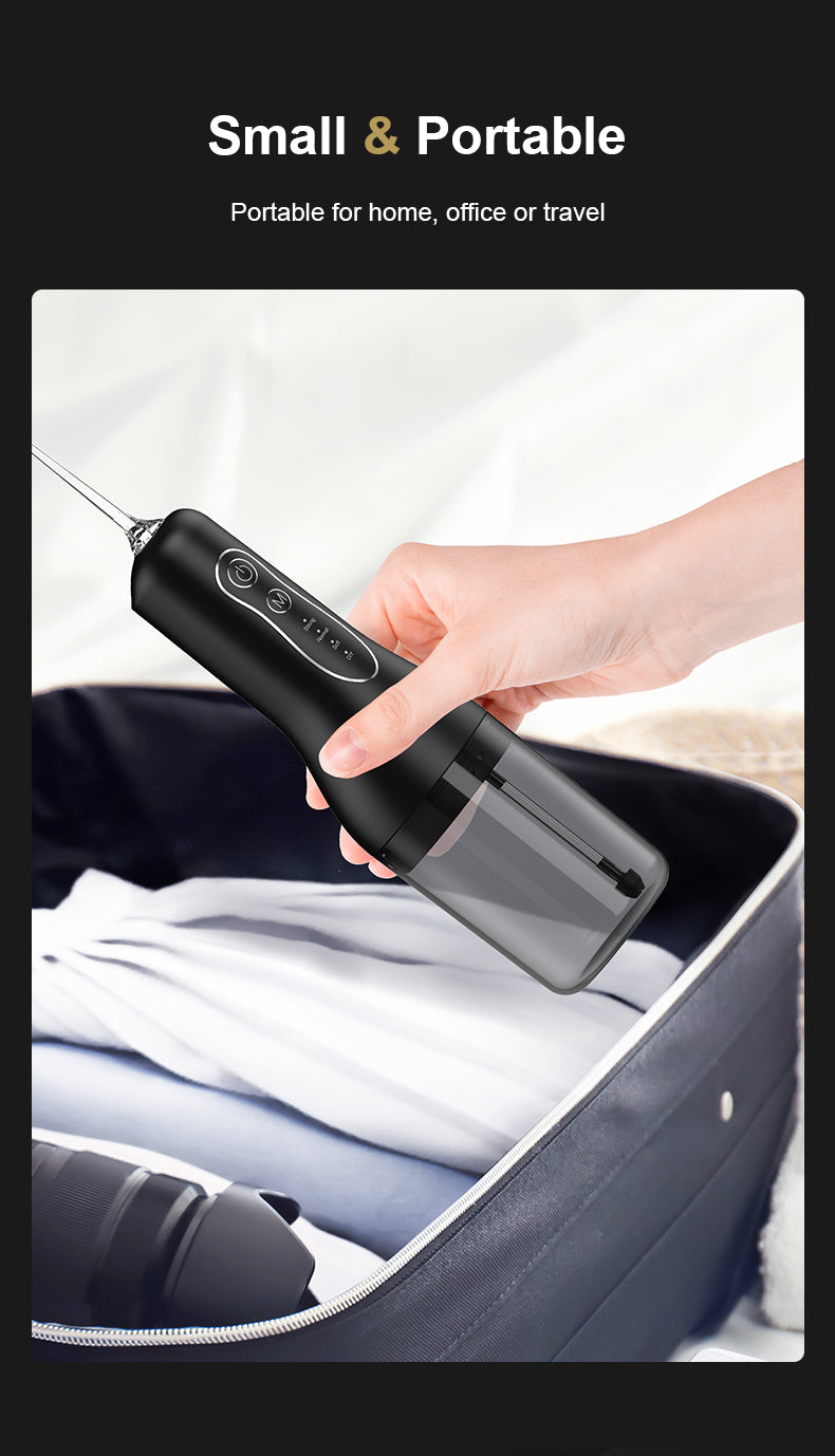 Portable Cordless Water Flosser – 240ml capacity, rechargeable with 4 modes and 4 jet tips. IPX7 waterproof for effective, convenient, and portable oral care at home or while traveling.