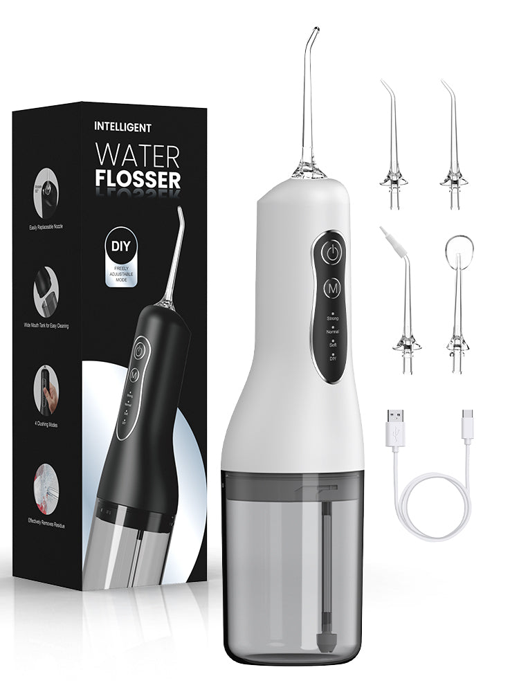 Portable Cordless Water Flosser – 240ml capacity, rechargeable with 4 modes and 4 jet tips. IPX7 waterproof for effective, convenient, and portable oral care at home or while traveling.
