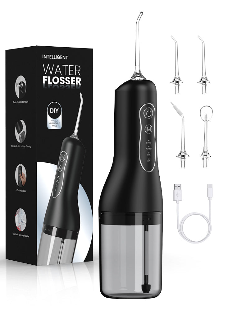 Portable Cordless Water Flosser – 240ml capacity, rechargeable with 4 modes and 4 jet tips. IPX7 waterproof for effective, convenient, and portable oral care at home or while traveling.