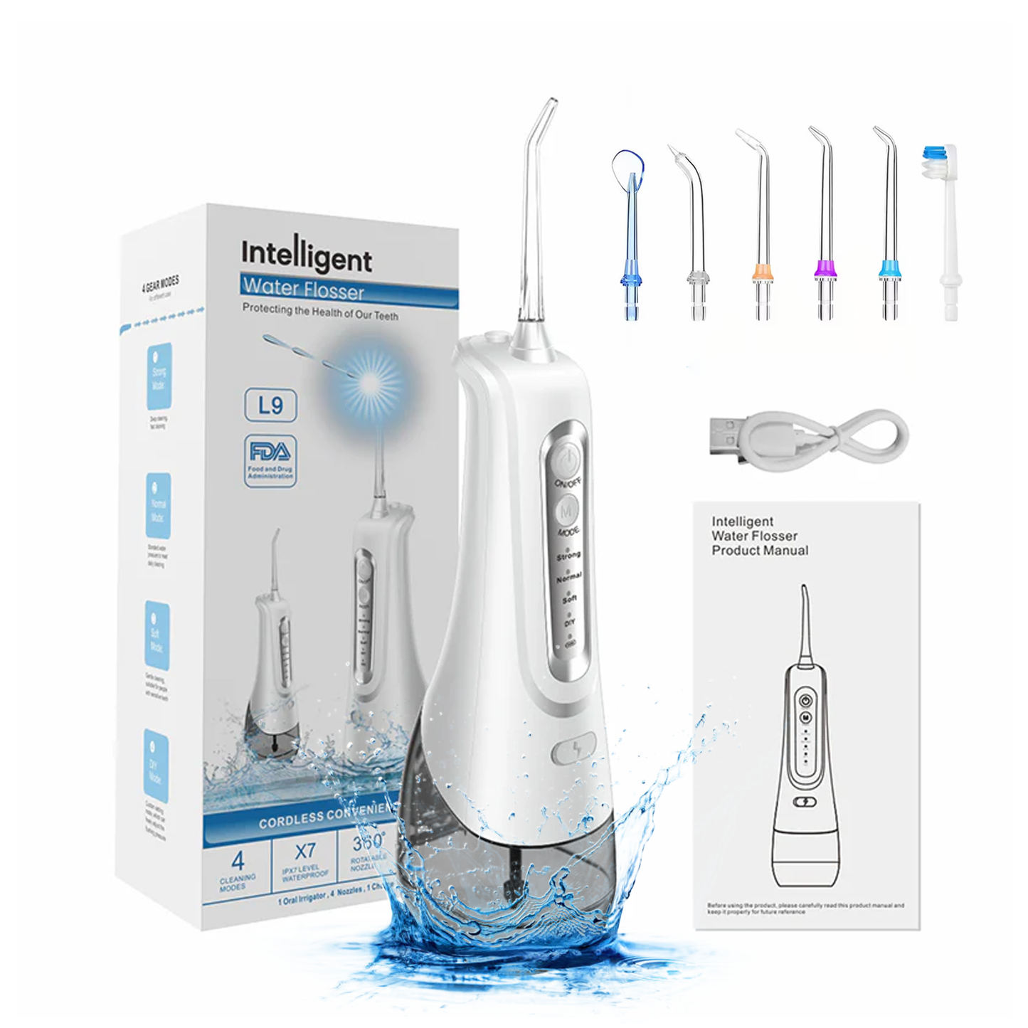 Water Flosser With 4 Modes, 6 Replaceable Jet Tips, 300ml USB Rechargeable Oral Irrigator for Teeth & Braces, IPX7 Waterproof, 1500 mah Battery